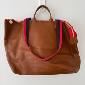 Clare V. Leather Zip Top Tote with Grosgrain Stripe Handles